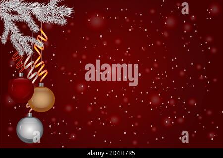 Red Christmas background with white fir twig, colorful balls, snow and copy space.Red New Year banner, invitation or greeting card.Vector illustration Stock Vector