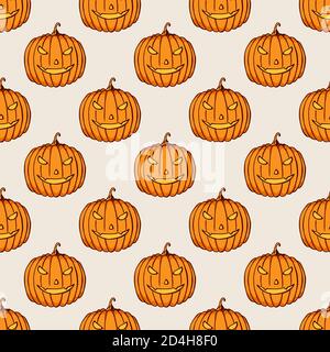 Halloween pumpkins color seamless pattern. Hand drawn doodle cartoon elements of Halloween celebration.  Vector colorful illustration. Stock Vector