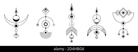 Set of four abstract geometric symbols. Sacred geometry sign with geometric shapes. Isolated on white background. Black linear shapes. Linear logo. Stock Vector