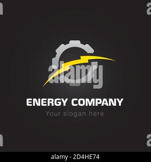 Energy company logo. Electrical or mechanic industrial company brand icon Lightning and gears sunrise. Electricity, bolt vector sign. Set of elements. Stock Vector