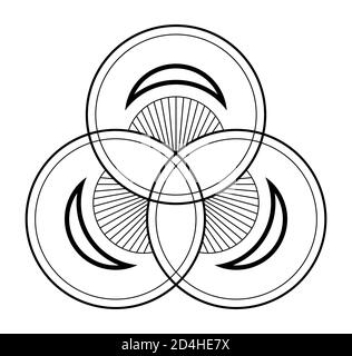 Abstract geometric symbol, pattern of intersecting and overlapping circles. Three interlocked striped rings pattern. Isolated on white background. Stock Vector