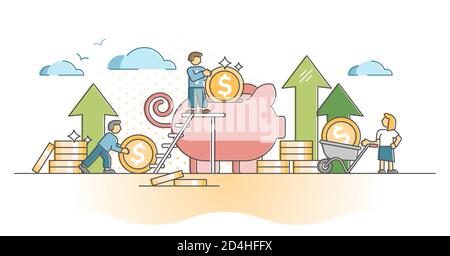 Money savings as financial cash stack deposit in piggy bank outline concept. Economical backup preservation with earnings and income vector illustrati Stock Vector