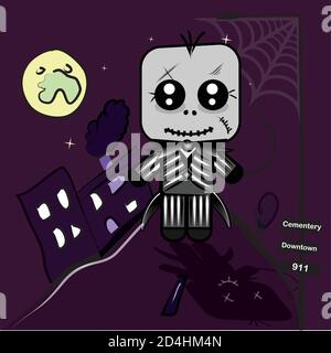 Skeleton kawaii in a cemetery Stock Vector