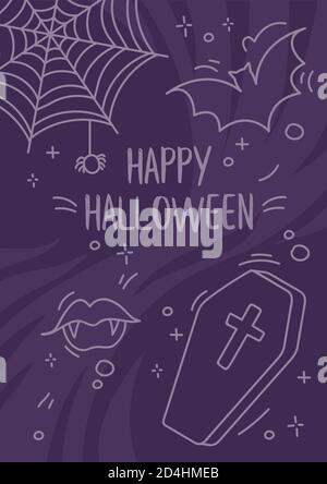 Dark purple happy Halloween flyer. Spooky doodle elements such as coffin, bat, vampire fangs. Can be used as invitation or greeting card.