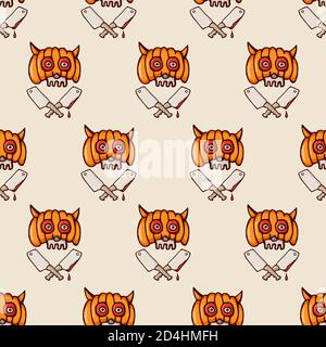 Halloween skull in a pumpkin helmet and cleavers seamless pattern. Hand drawn doodle cartoon elements of Halloween celebration. Vector colorful. Stock Vector