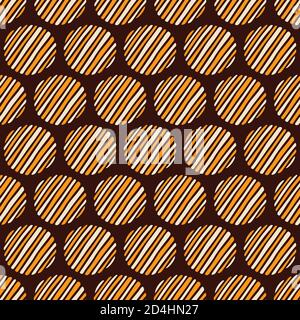 Abstract seamless pattern of hand drawn striped circles. Textured circles pattern. Brush strokes. Geometric shapes ornament. Diagonal lines. Stock Vector