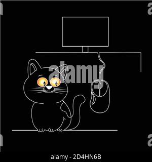 Cat and computer mouse. Line drawing isolated on black background. Stock Photo