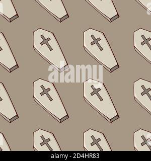 Coffins seamless pattern. Hand drawn doodle cartoon elements of Halloween celebration. Vector colorful illustration. Stock Vector