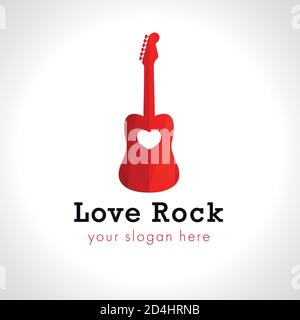 Love rock logo concept. Red Spanish guitar, brand idea. Music vector identity sign. Art events and tours symbol. Rock live show icon Isolated abstract Stock Vector