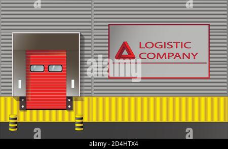 Warehouse building with loading gates, company sign outside. Stock Vector
