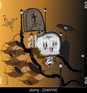 Skeleton kawaii in a cemetery Stock Vector