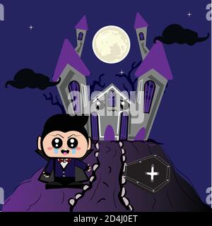 Vampire kawaii with a scary castle Stock Vector