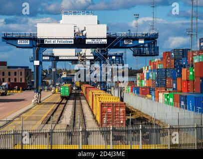 Rail Freight UK - Intermodal Containers being loaded onto freight trains in Felixstowe Port, the UK's largest container port. Stock Photo