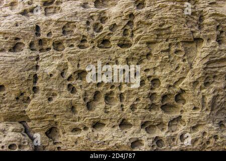 The surface of a sandstone rock by the sea, weathered and scorched by the sun Stock Photo