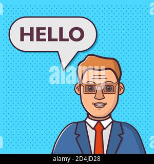 Chatbot concept. Businessman speaks hello.Cute cartoon character. Stock Vector