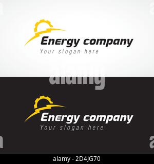 Energy company logo. Electrical or mechanic industrial company brand icon. Lightning and gears sunrise. Electricity, bolt vector sign Set of elements. Stock Vector