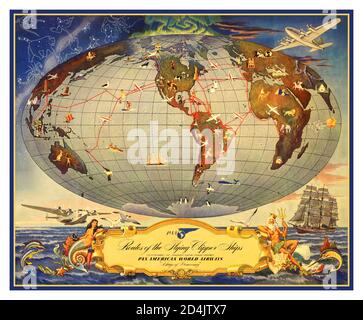 Vintage PAN AM 1940's Aviation Airline World Map Pan American Airways 1941 'Routes Of The Flying Clipper Ships' ' wings of democracy' Travel Vintage Illustration Lithograph Poster  ' subsequent wartime changes censored' World War II Advertising Stock Photo
