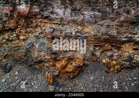 Lumps of shale from ancient miners' backfill after pillar and stall coal mining in an abandoned quarry in South Yorkshire Stock Photo