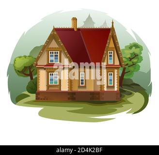 Exterior of an old house. Isolated vector illustration. Cracked walls, doors, windows. Still a cozy home. Little simple rustic lodge. Cartoon rural la Stock Photo