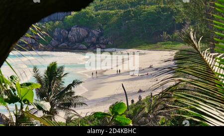 View through vegetation with tourists sunbathing on beautiful tropical beach Grand Anse in the south of La Digue island, Seychelles. Focus on beach. Stock Photo