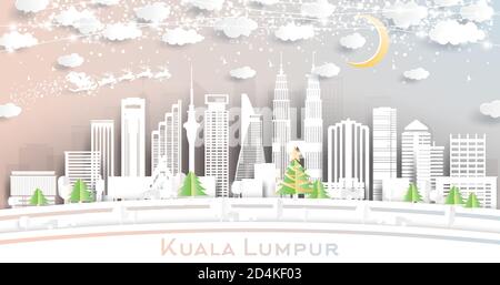 Kuala Lumpur Malaysia City Skyline in Paper Cut Style with Snowflakes, Moon and Neon Garland. Vector Illustration. Christmas and New Year Concept. Stock Vector