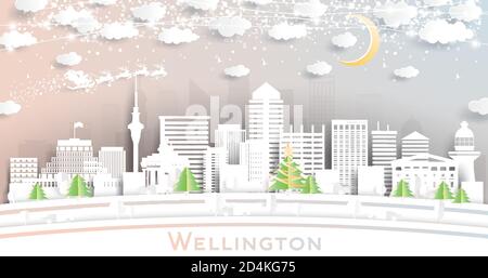 Wellington New Zealand City Skyline in Paper Cut Style with Snowflakes, Moon and Neon Garland. Vector Illustration. Christmas and New Year Concept. Sa Stock Vector