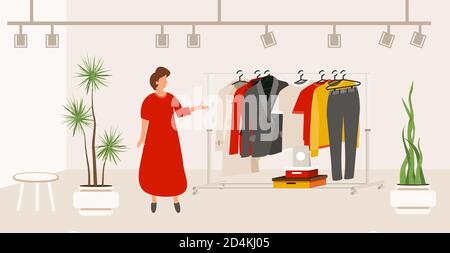 Modern Fashion Clothes Store. Boutique Interior with Clothers on Hangers. Showroom in Flat Design Style. Vector Illustration. Seller in Red Dress Stan Stock Vector