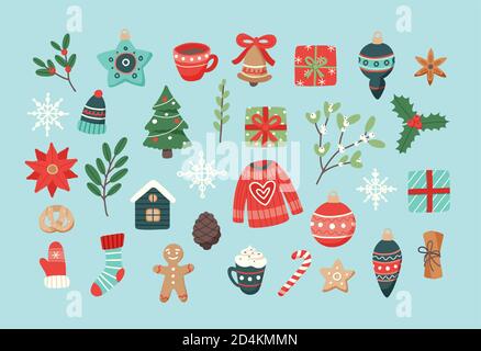 Christmas set, cute seasonal elements, vector illustration in flat style Stock Vector