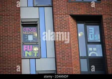Signs in windows at The Courtrooms student accommodation in Bristol, where hundreds of students have been told to self-isolate after 40 people have tested positive for Covid-19. Stock Photo