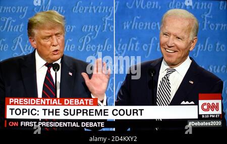 Screen shots of the CNN website live coverage of U.S. Presidential Debate between President Donald Trump and former Vice-President Joe Biden. Stock Photo