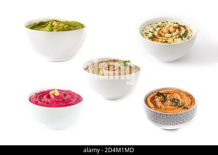 Set of different hummus isolated on white background Stock Photo
