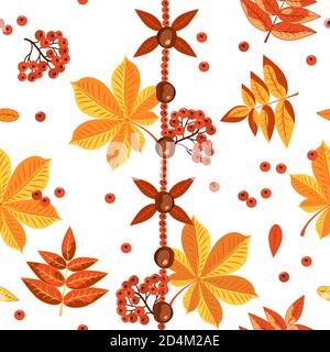 Autumn colorful seamless pattern on a white background. Autumn yellow and red foliage of trees, chestnuts, rowan berries. Stock Vector