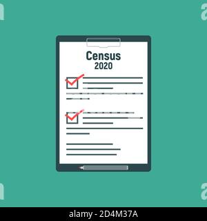 Census 2020. Clipboard in pen in hand. Vector illustration flat design. Folder with documents. Stock Vector