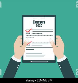 Census 2020. Clipboard in pen in hand. Vector illustration flat design. Folder with documents. Stock Vector