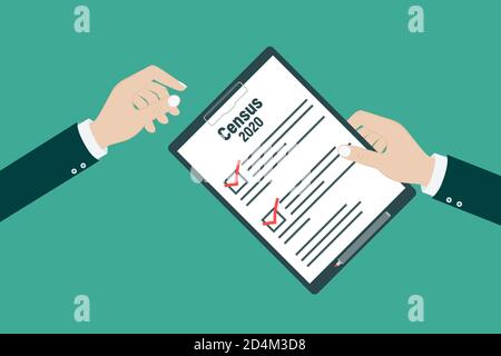 Census 2020. Clipboard in pen in hand. Vector illustration flat design. Folder with documents. Stock Vector