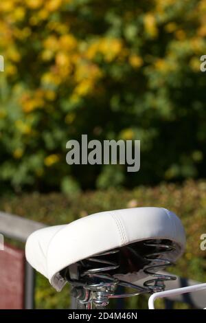 White bicycle saddle close-up. Against the background of an autumn park. The background is blurred. Stock Photo
