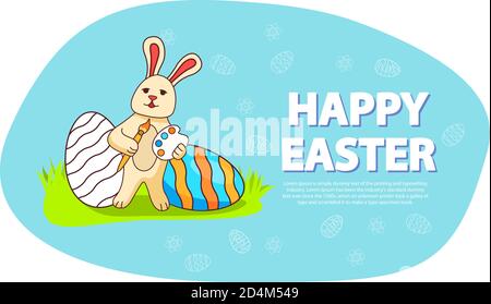 The rabbit with a brush and paints draws festive egg. Happy Easter banner. Stock Vector