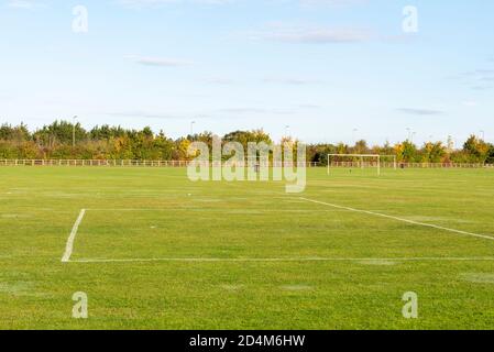 Ashingdon Youth Football Club football pitches. Private playing fields with variety of sized soccer pitch marked out with goal posts. FA charter club Stock Photo