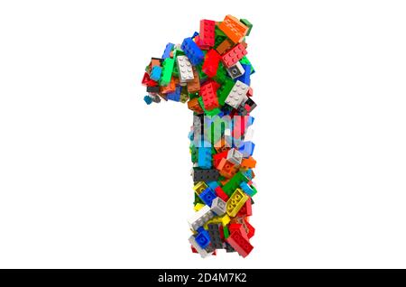 Number 1 from colored plastic building blocks, 3D rendering isolated on white background Stock Photo