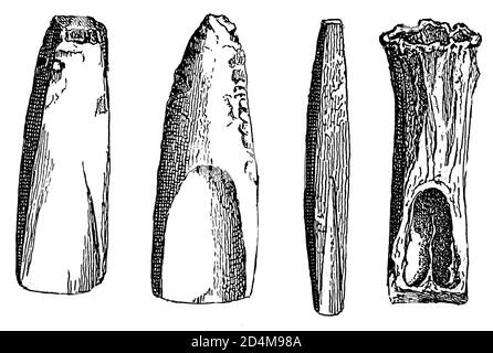 19th-century engraving of tools from the Stone Age. Published in Systematischer Bilder-Atlas zum Conversations-Lexikon, Ikonographische Encyklopaedie Stock Photo