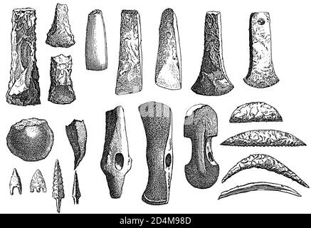 Antique illustration of tools from the Stone Age. Published in Systematischer Bilder-Atlas zum Conversations-Lexikon, Ikonographische Encyklopaedie de Stock Photo