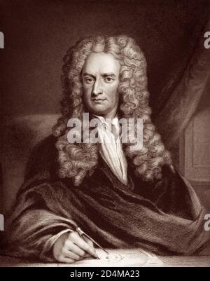 Sir Isaac Newton PRS (1642/43-1726/27) was an English mathematician, physicist, astronomer, theologian, and author (described in his own day as a 'natural philosopher') who is widely recognised as one of the most influential scientists of all time and as a key figure in the scientific revolution. Stock Photo