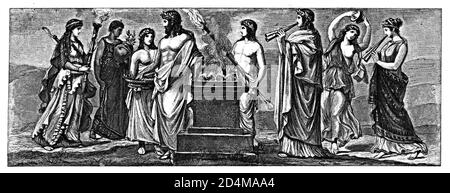 Antique illustration of scenes from life in ancient Greece. From left to right: 1 - Priestess, 2 - Sacrifice, 3 - Dancer, 4 - Flute player. Engraving Stock Photo