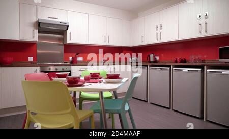 kitchen beautiful colorful modern interior design. work place public cooking and food preparation room with dining table furniture. Stock Photo