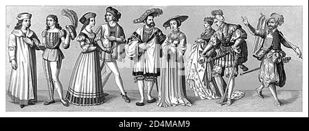 19th-century illustration of European costumes from XV and XVI century. From left to right: 1,2 - School uniform from XV century; 3 - Dancing pair at Stock Photo