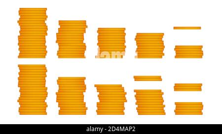 Set of golden stacks of coins isolated on white. Cartoon style. Side view. Big jackpot. Vector 10. Stock Vector
