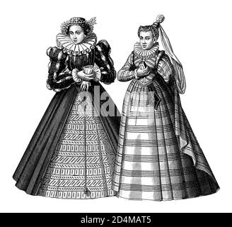 19th-century engraving of French and Italian women costumes from XV and XVI century. Illustration published in Systematischer Bilder-Atlas zum Convers Stock Photo