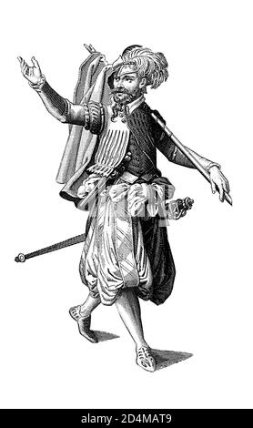 19th-century illustration of Mentor costume from XV and XVI century. From left to right: 1,2 - School uniform from XV century; 3 - Dancing pair at a b Stock Photo