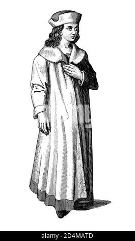 19th-century illustration of School uniform from XV century. Engraving published in Systematischer Bilder-Atlas zum Conversations-Lexikon, Ikonographi Stock Photo