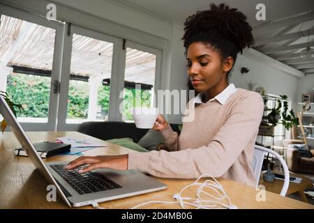 Female student making notes typing on laptop holding hot coffee sitting in fancy kitchen. Stock Photo